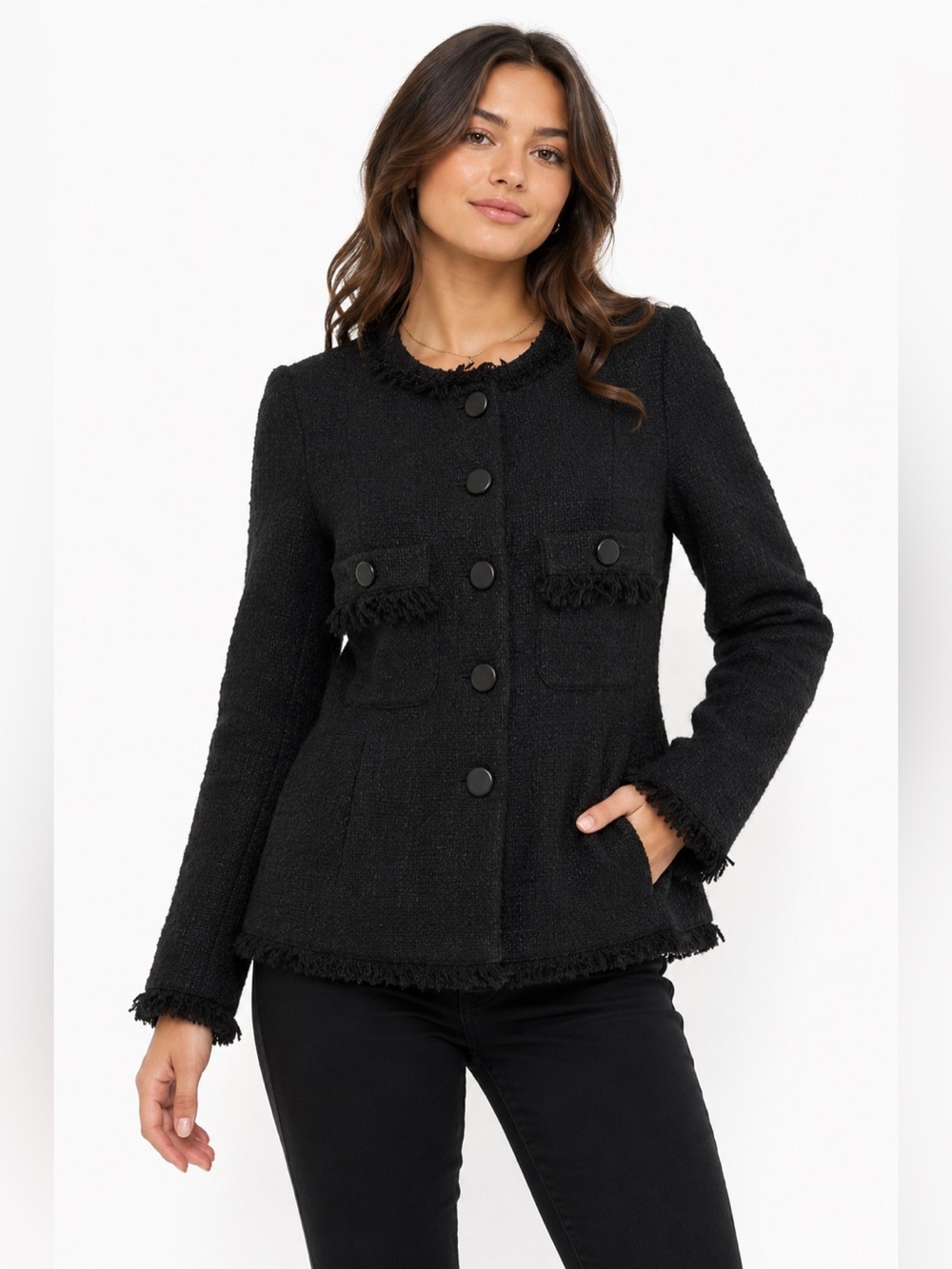 90s Vintage Tweed Luxury Fringe Tailored Jacket Blazer (Black) Size 6
